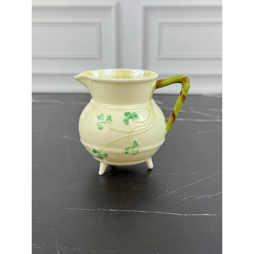 VTG Footed Belleek Pottery Shamrock Creamer Mini Pitcher Green Stamp 1950s